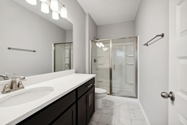 325 Carver Connection, Lebanon, TN 37087 - full bathroom with marble finish floors, a stall shower, toilet, vanity, and baseboards