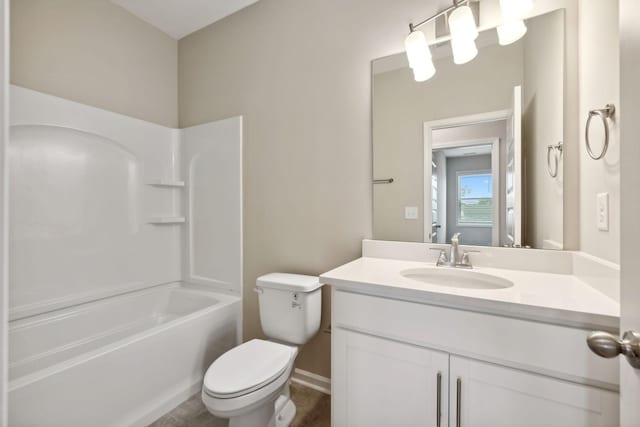 full bathroom with toilet, vanity, shower / tub combination, and baseboards
