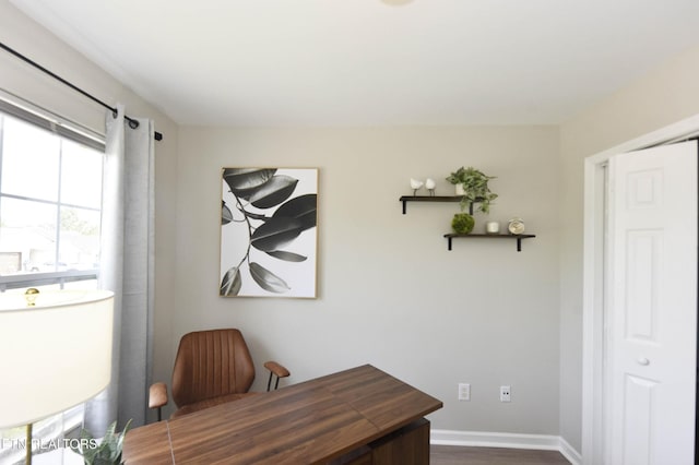 office with dark wood finished floors and baseboards