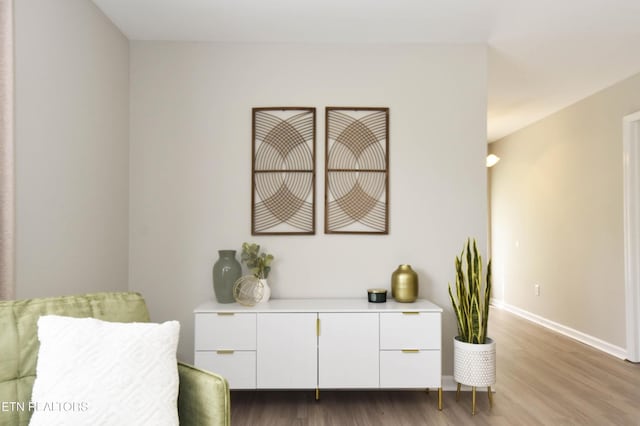 living area with baseboards and wood finished floors