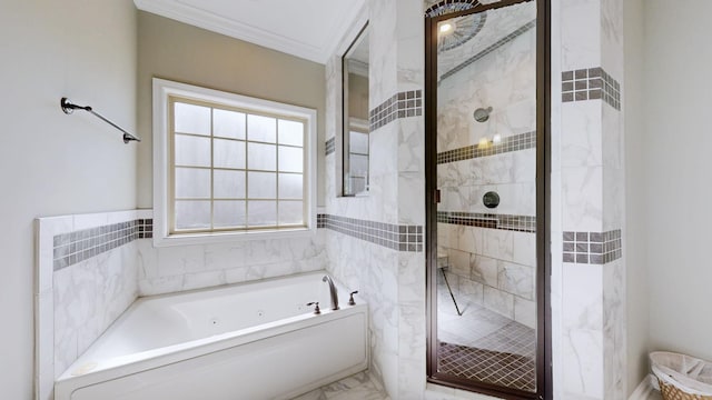 1408 Kingbird Dr, Clarksville, TN 37040 - full bath with marble look tile flooring, a shower stall, a bath, and crown molding