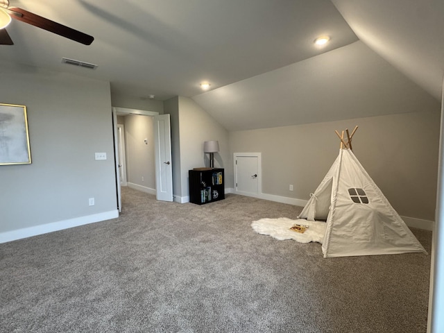 4109 Fargo Ct, Murfreesboro, TN 37127 - recreation room with ceiling fan, carpet flooring, vaulted ceiling, baseboards, and recessed lighting