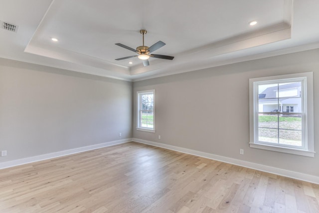 4109 Fargo Ct, Murfreesboro, TN 37127 - empty room with a raised ceiling, light wood-type flooring, ceiling fan, baseboards, and ornamental molding
