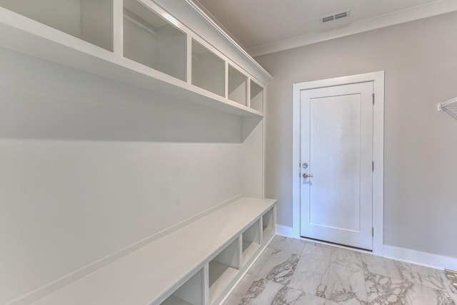 4109 Fargo Ct, Murfreesboro, TN 37127 - mudroom featuring light marble finish floors, crown molding, and baseboards