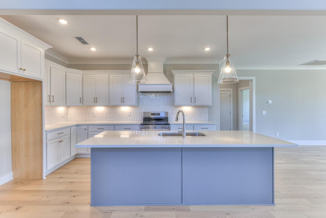 4109 Fargo Ct, Murfreesboro, TN 37127 - kitchen featuring a sink, custom exhaust hood, stainless steel electric stove, light countertops, and tasteful backsplash
