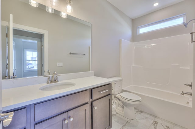 4109 Fargo Ct, Murfreesboro, TN 37127 - bathroom with marble look tiles, vanity, toilet, shower / tub combination, and recessed lighting