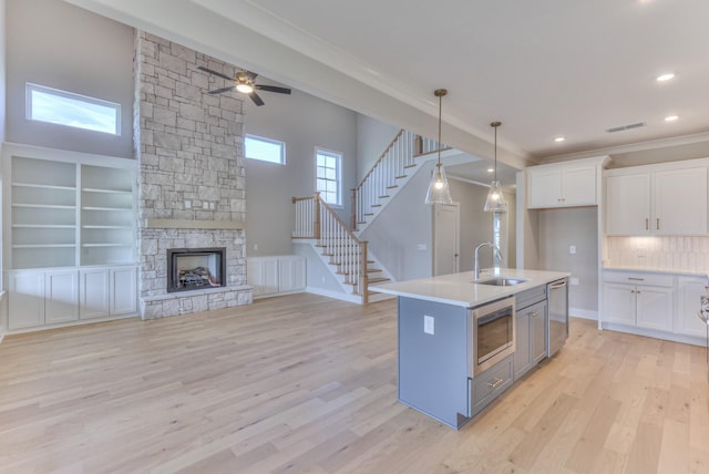 4109 Fargo Ct, Murfreesboro, TN 37127 - kitchen featuring a sink, stainless steel appliances, ornamental molding, white cabinetry, and a stone fireplace