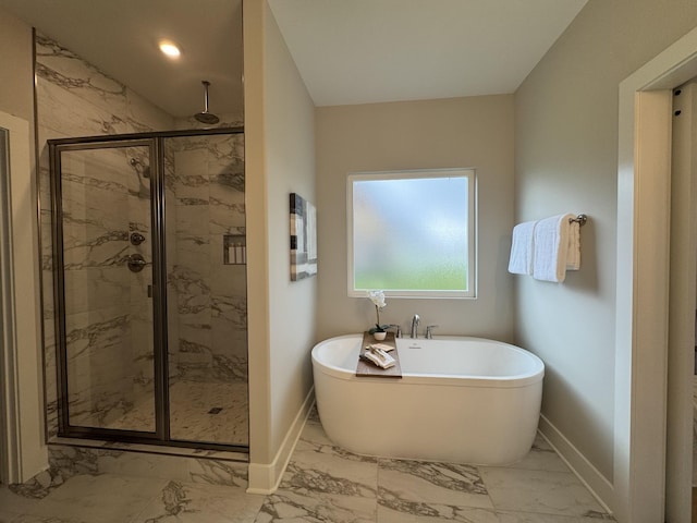 4109 Fargo Ct, Murfreesboro, TN 37127 - full bathroom with baseboards, marble finish flooring, a soaking tub, a stall shower, and recessed lighting