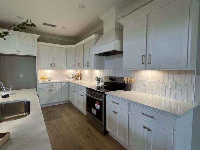 4109 Fargo Ct, Murfreesboro, TN 37127 - kitchen featuring stainless steel range with electric cooktop, custom range hood, dark wood finished floors, and white cabinets