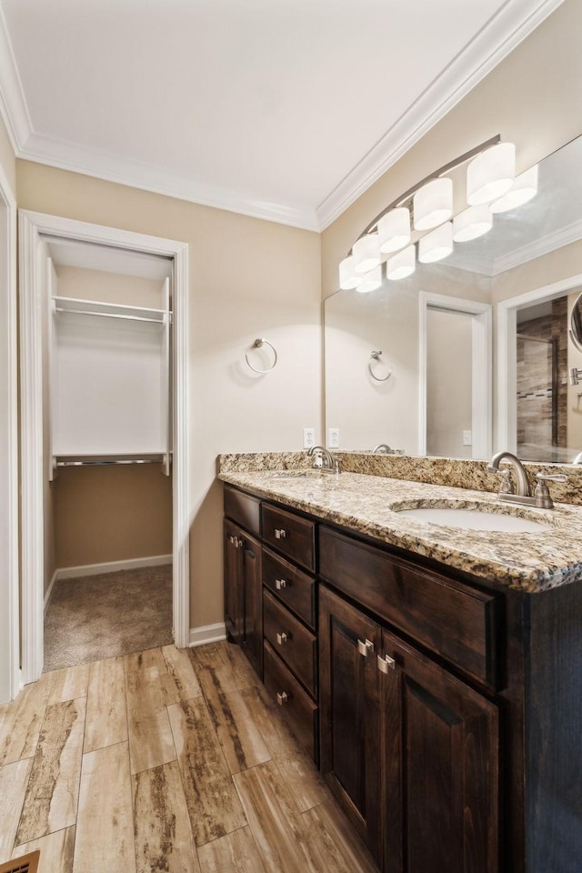 2506 Morgan Rd, Murfreesboro, TN 37129 - bathroom with double vanity, wood finished floors, a spacious closet, crown molding, and baseboards