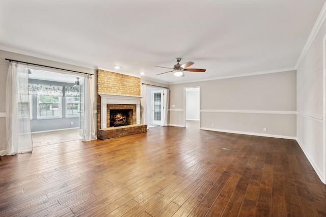2506 Morgan Rd, Murfreesboro, TN 37129 - unfurnished living room with a ceiling fan, hardwood / wood-style floors, baseboards, ornamental molding, and a brick fireplace