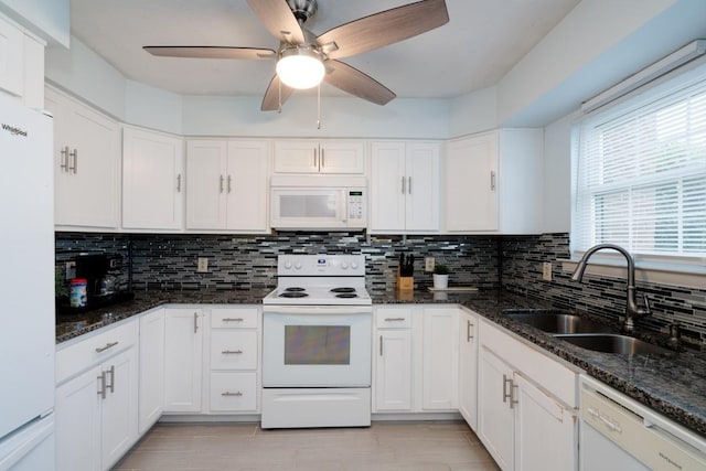 163 Heritage Trace Dr, Madison, TN 37115 - kitchen with white appliances, a sink, ceiling fan, white cabinets, and tasteful backsplash