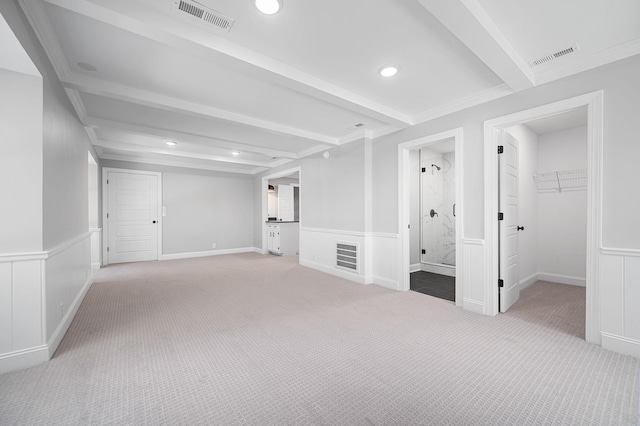 1311 Halifax Ct, Murfreesboro, TN 37130 - basement with light carpet, recessed lighting, a wainscoted wall, a decorative wall, and ornamental molding
