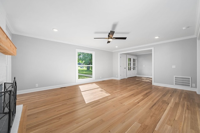 1311 Halifax Ct, Murfreesboro, TN 37130 - unfurnished living room featuring ceiling fan, baseboards, light wood-style floors, a brick fireplace, and recessed lighting