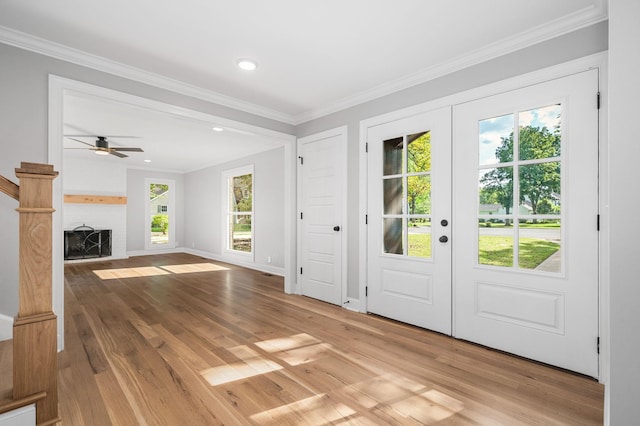 1311 Halifax Ct, Murfreesboro, TN 37130 - foyer featuring french doors, light wood-type flooring, ceiling fan, ornamental molding, and recessed lighting