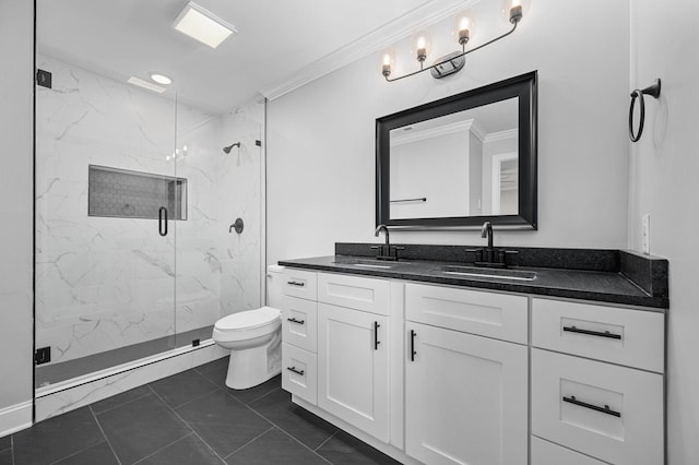 1311 Halifax Ct, Murfreesboro, TN 37130 - bathroom with toilet, crown molding, a marble finish shower, and double vanity