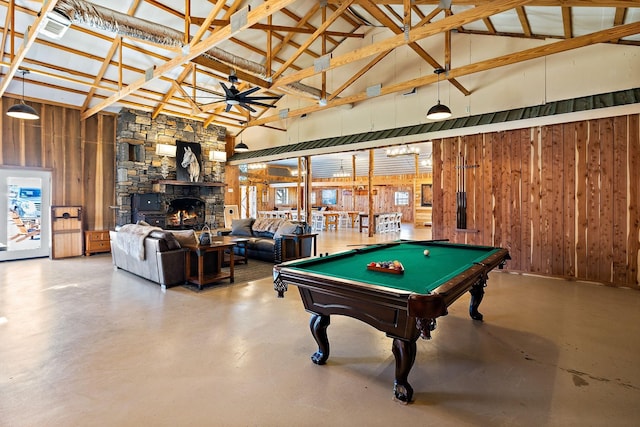 2133 Allisona Rd, Eagleville, TN 37060 - playroom featuring high vaulted ceiling, pool table, ceiling fan, wood walls, and concrete floors