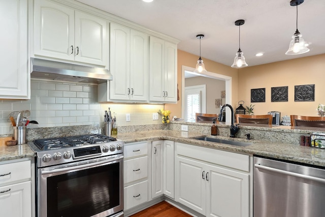 kitchen with appliances with stainless steel finishes, under cabinet range hood, a sink, and backsplash