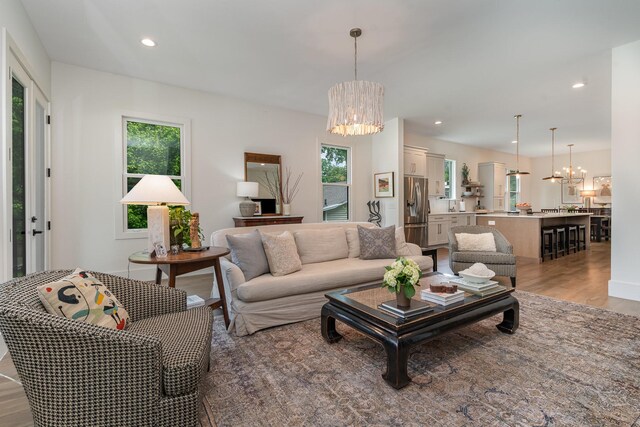 1411B Boscobel St, Nashville, TN 37206 - living area with a chandelier, healthy amount of natural light, light wood-type flooring, and recessed lighting
