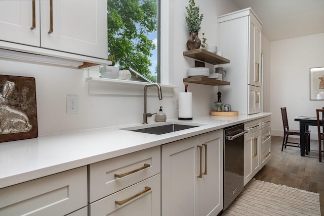 1411B Boscobel St, Nashville, TN 37206 - kitchen featuring a sink, open shelves, stainless steel dishwasher, wood finished floors, and light countertops