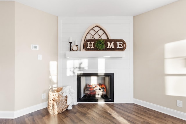 detailed view of a multi sided fireplace, wood finished floors, and baseboards