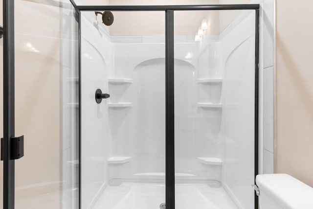 full bathroom featuring a shower stall and toilet