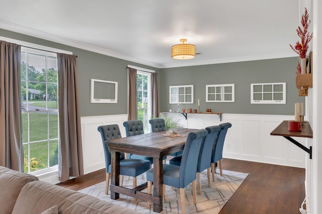 1033 Percy Warner Blvd, Nashville, TN 37205 - dining area with crown molding, dark wood-style floors, a decorative wall, and a wainscoted wall
