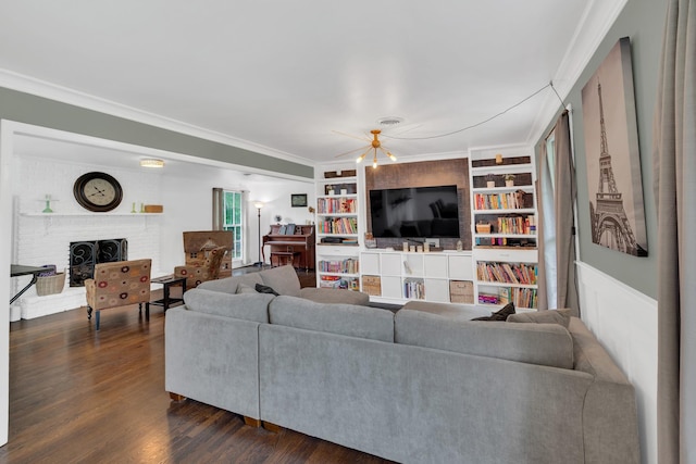 1033 Percy Warner Blvd, Nashville, TN 37205 - living area featuring ornamental molding, dark wood finished floors, a fireplace, and built in features