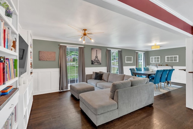 1033 Percy Warner Blvd, Nashville, TN 37205 - living room featuring a wainscoted wall, ornamental molding, dark wood-style floors, a decorative wall, and a ceiling fan
