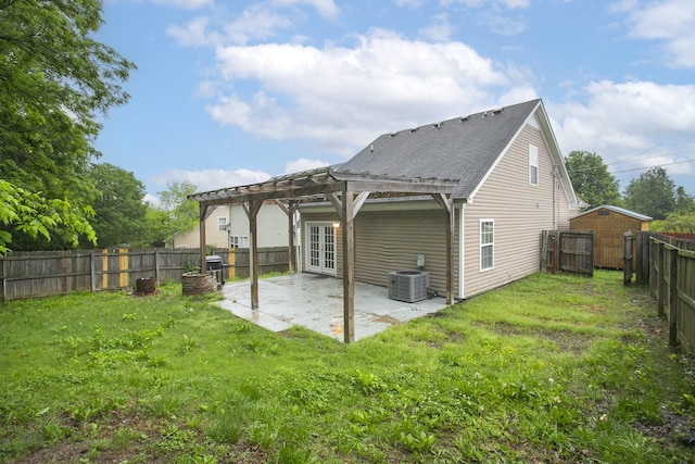 1543 James Gafford Dr, La Vergne, TN 37086 - rear view of house featuring a pergola, cooling unit, a patio area, french doors, and a shingled roof