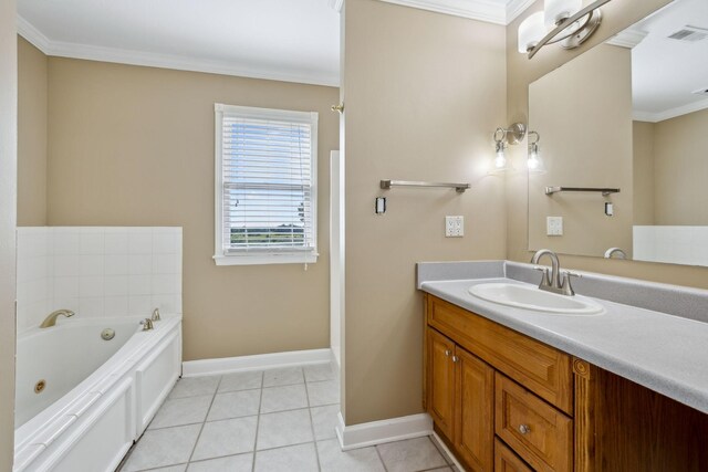 122 Windcrest Dr, Hohenwald, TN 38462 - bathroom featuring crown molding, baseboards, a jetted tub, tile patterned floors, and vanity