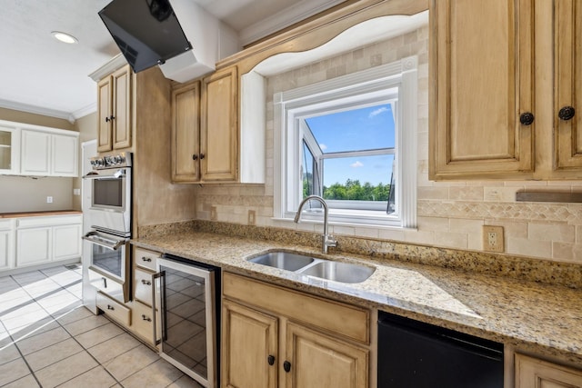 122 Windcrest Dr, Hohenwald, TN 38462 - kitchen with wine cooler, a sink, double oven, crown molding, and dishwasher