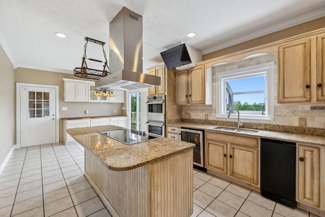 122 Windcrest Dr, Hohenwald, TN 38462 - kitchen featuring a sink, island exhaust hood, beverage cooler, black electric stovetop, and stainless steel double oven