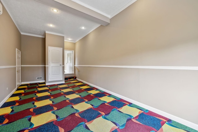 122 Windcrest Dr, Hohenwald, TN 38462 - spare room with baseboards, recessed lighting, carpet, crown molding, and a wall mounted air conditioner