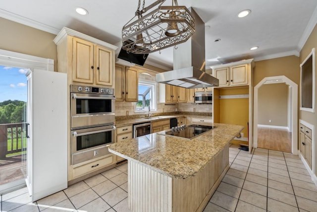 122 Windcrest Dr, Hohenwald, TN 38462 - kitchen with appliances with stainless steel finishes, light brown cabinets, crown molding, backsplash, and light tile patterned flooring