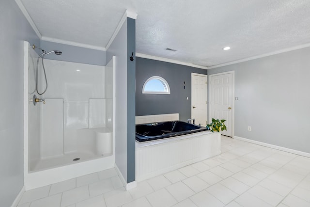 122 Windcrest Dr, Hohenwald, TN 38462 - bathroom featuring ornamental molding, a shower, baseboards, a textured ceiling, and a garden tub