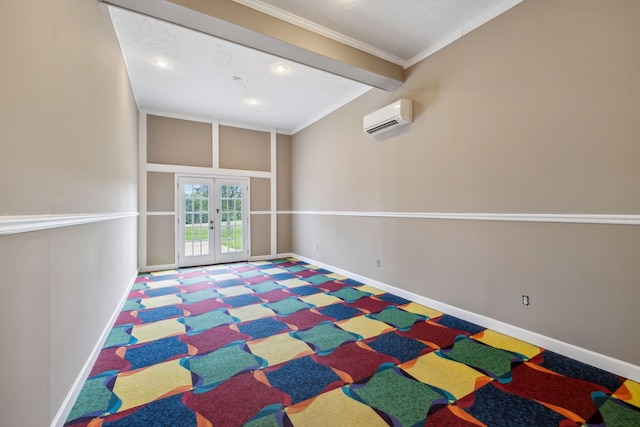 122 Windcrest Dr, Hohenwald, TN 38462 - carpeted empty room featuring french doors, baseboards, a wall mounted air conditioner, crown molding, and recessed lighting