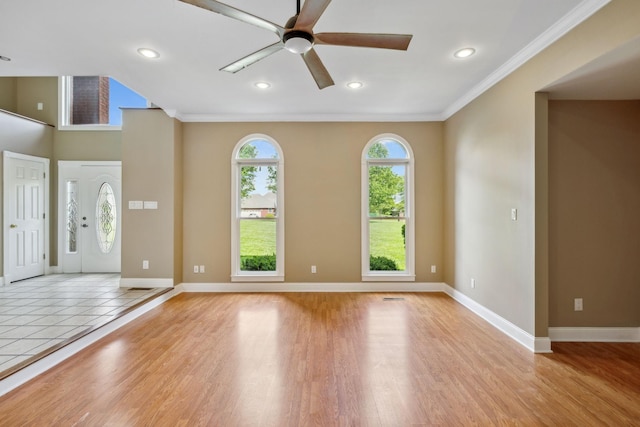 122 Windcrest Dr, Hohenwald, TN 38462 - entrance foyer with ceiling fan, ornamental molding, light wood-style floors, baseboards, and recessed lighting