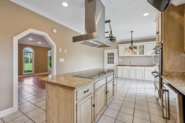 122 Windcrest Dr, Hohenwald, TN 38462 - kitchen with black electric cooktop, beverage cooler, island exhaust hood, a center island, and light tile patterned flooring