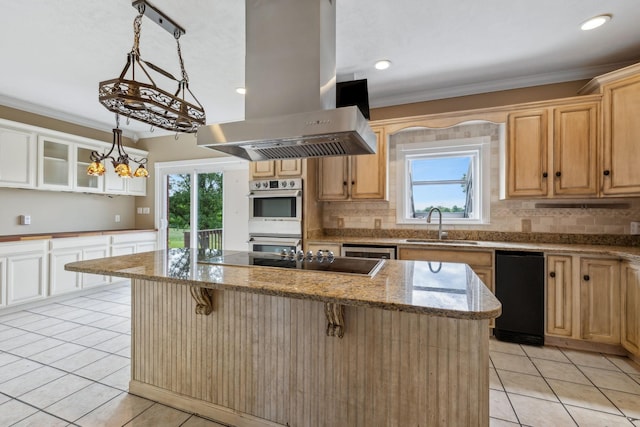 122 Windcrest Dr, Hohenwald, TN 38462 - kitchen featuring island range hood, light tile patterned floors, double oven, a sink, and plenty of natural light