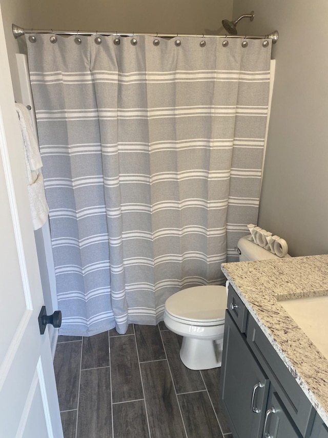 bathroom with toilet, vanity, wood tiled floors, and a shower with shower curtain