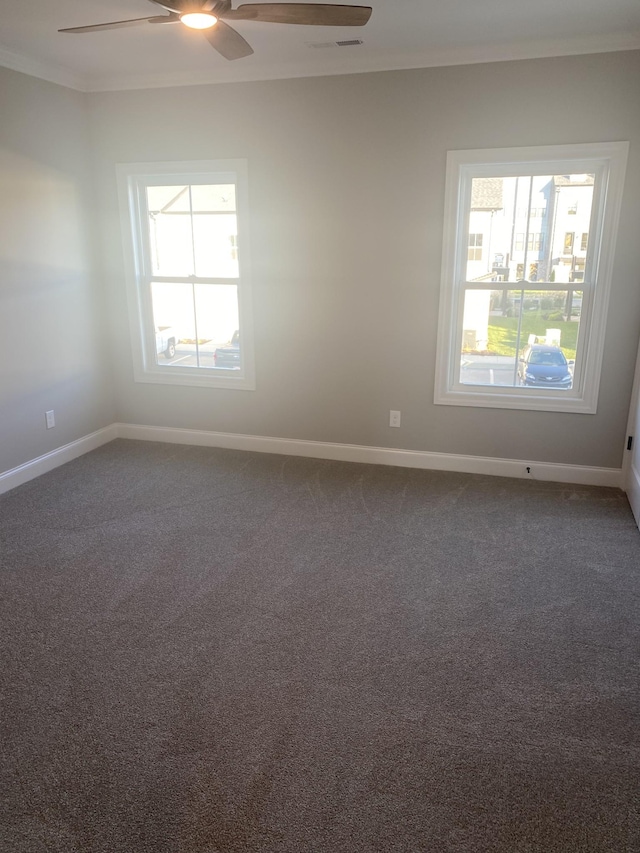 spare room with plenty of natural light, crown molding, ceiling fan, baseboards, and dark carpet