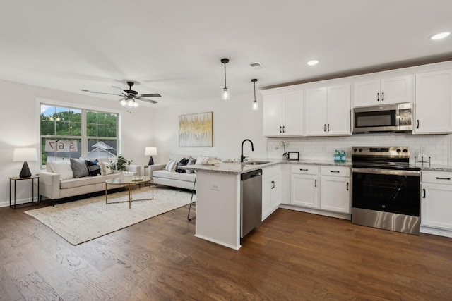 1543 Fredrick Dr, Clarksville, TN 37042 - kitchen featuring appliances with stainless steel finishes, a peninsula, open floor plan, white cabinets, and recessed lighting
