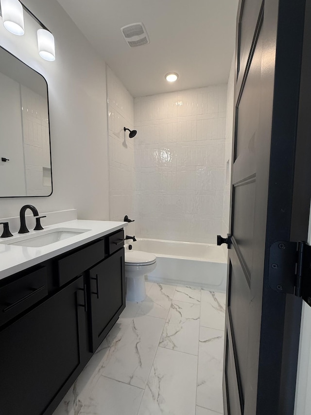 full bath with marble finish floors, vanity, shower / bathtub combination, toilet, and recessed lighting
