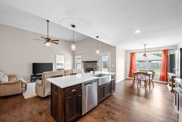 805 Waldon Ct, Clarksville, TN 37042 - kitchen featuring stainless steel dishwasher, a sink, dark brown cabinets, dark wood finished floors, and light countertops