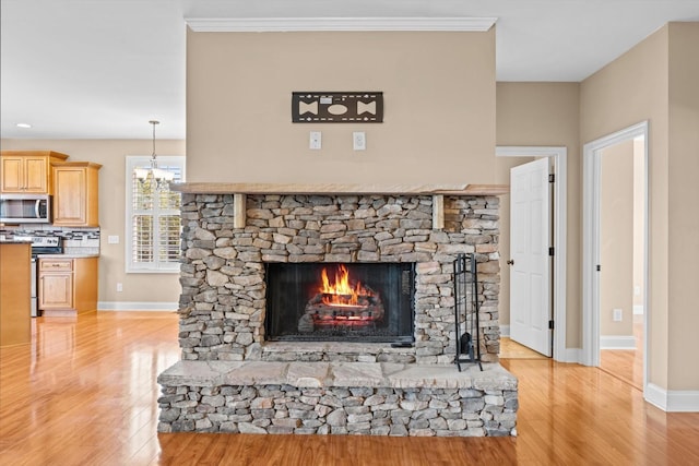 3337 Tarsus Rd, Palmyra, TN 37142 - detailed view of stainless steel appliances, wood finished floors, a stone fireplace, backsplash, and crown molding