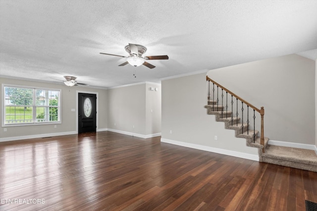 122 Springfield Ln, Jacksboro, TN 37757 - unfurnished living room with ceiling fan, stairway, a textured ceiling, dark wood-type flooring, and baseboards