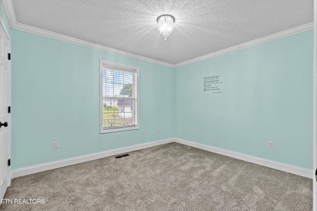122 Springfield Ln, Jacksboro, TN 37757 - unfurnished room featuring a textured ceiling, ornamental molding, carpet, a chandelier, and baseboards