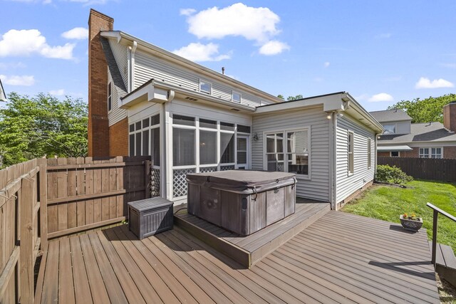 1183 Buckingham Cir, Franklin, TN 37064 - wooden deck with a hot tub and a sunroom