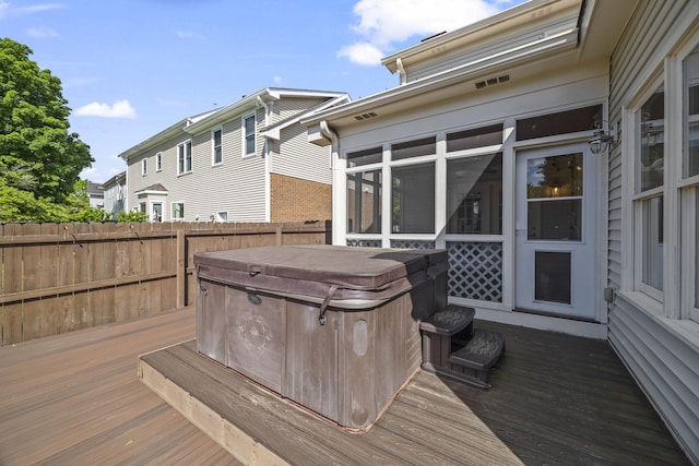 1183 Buckingham Cir, Franklin, TN 37064 - wooden terrace with a hot tub, fence, and a sunroom